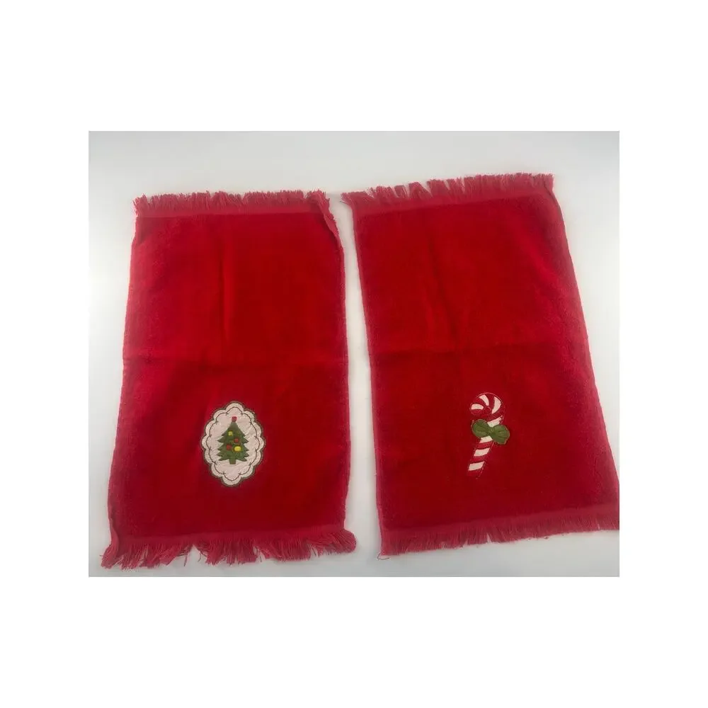 Vintage Cannon Christmas Hand Towels Red Candy Cane Holiday Tree Retro Bathroom